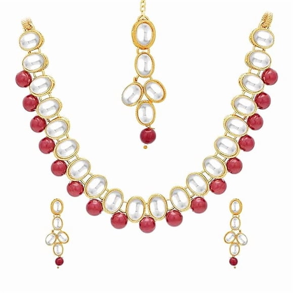 Cute Gold Plated Rani Pink Kundan Collar Necklace Set With Earring & Maang Tikka For Women
