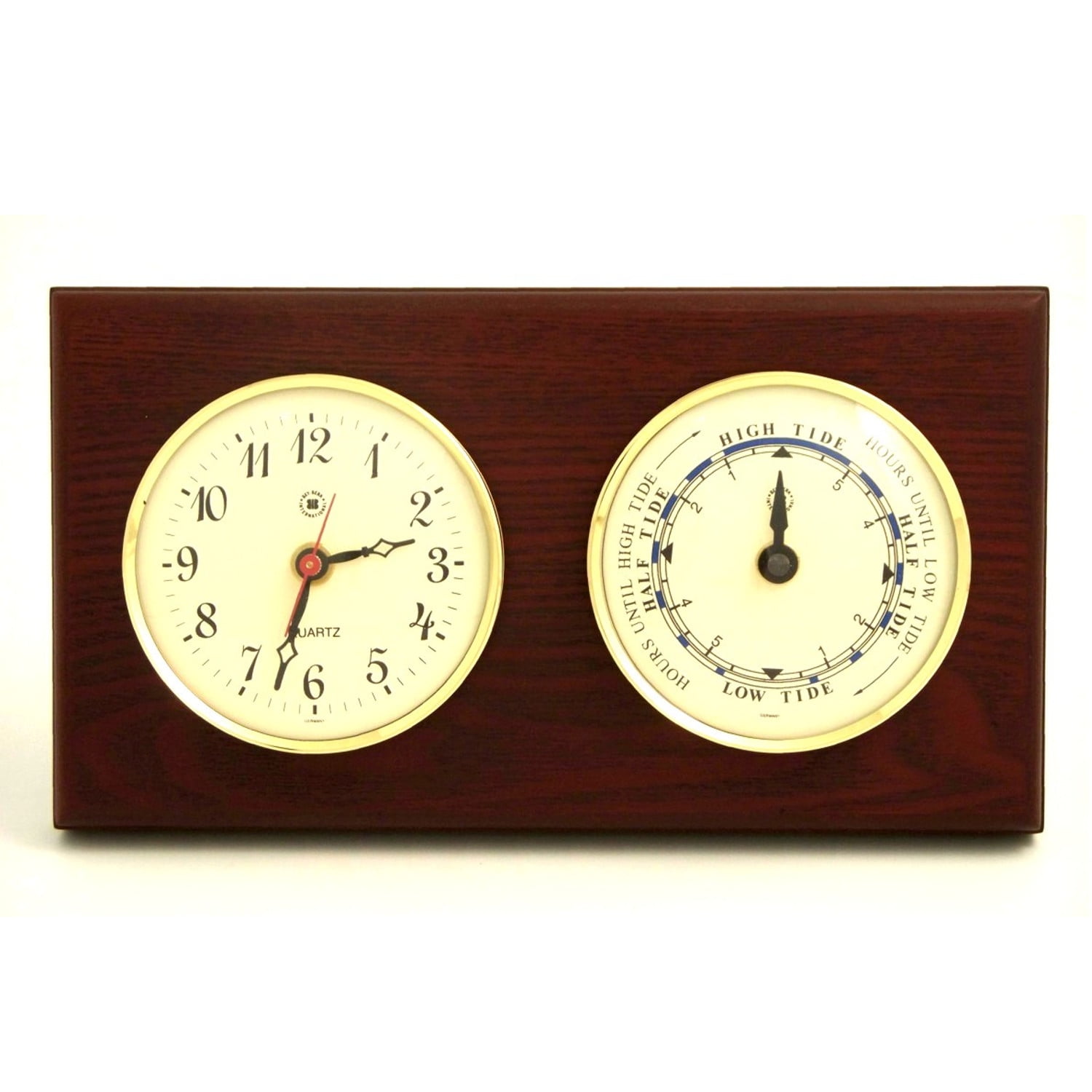 Quartz Clock and Tide Clock on Mahogany Wood with Brass Bezel. Wall