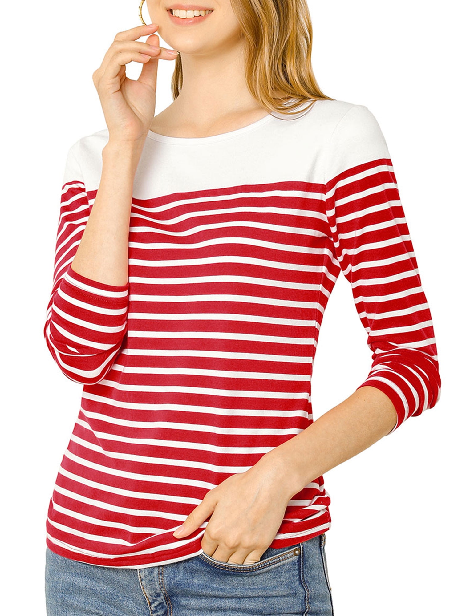 ENCOCO Womens Long Sleeve Striped T Shirts Color Block Round Neck Casual Blouses Tops