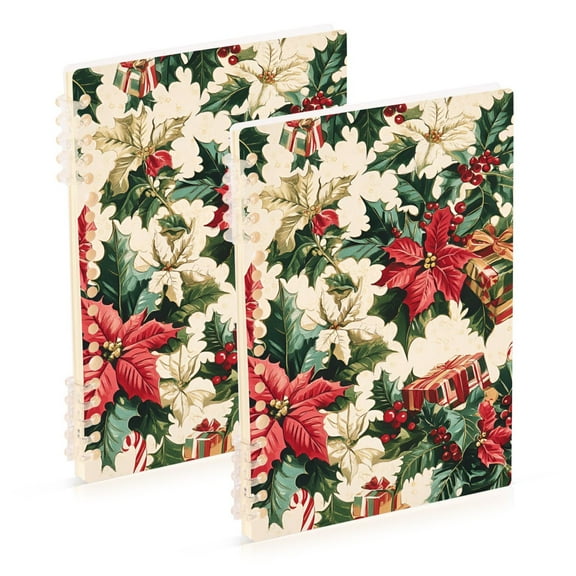 FORMRS 1-Subject Spiral Notebook 8" x 5" College Ruled 60 Refillable Sheet A5 Hard Cover, 2 Pack, Red Christmas Poinsettia