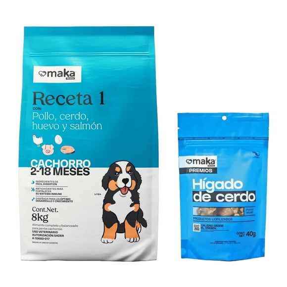 Maka Receta 1 Cachorro 8 Kg + Premios De Higado de Cerdo Para Perro De 40 g