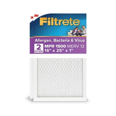 Filtrete 16x25x1 HVAC Furnace Air Filter, MPR 1500 MERV 12, Allergen, Bacteria and Virus, 2 Filters