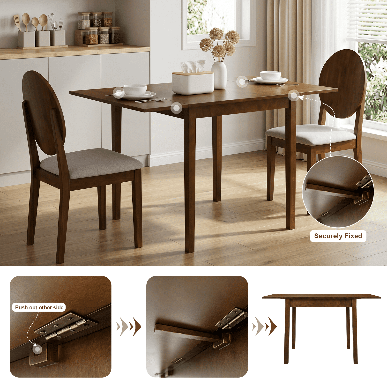 Farmhouse Dining Table 31.5x31.5 Inch Foldable Extendable Solid Wood Legs for Kitchen Apartment