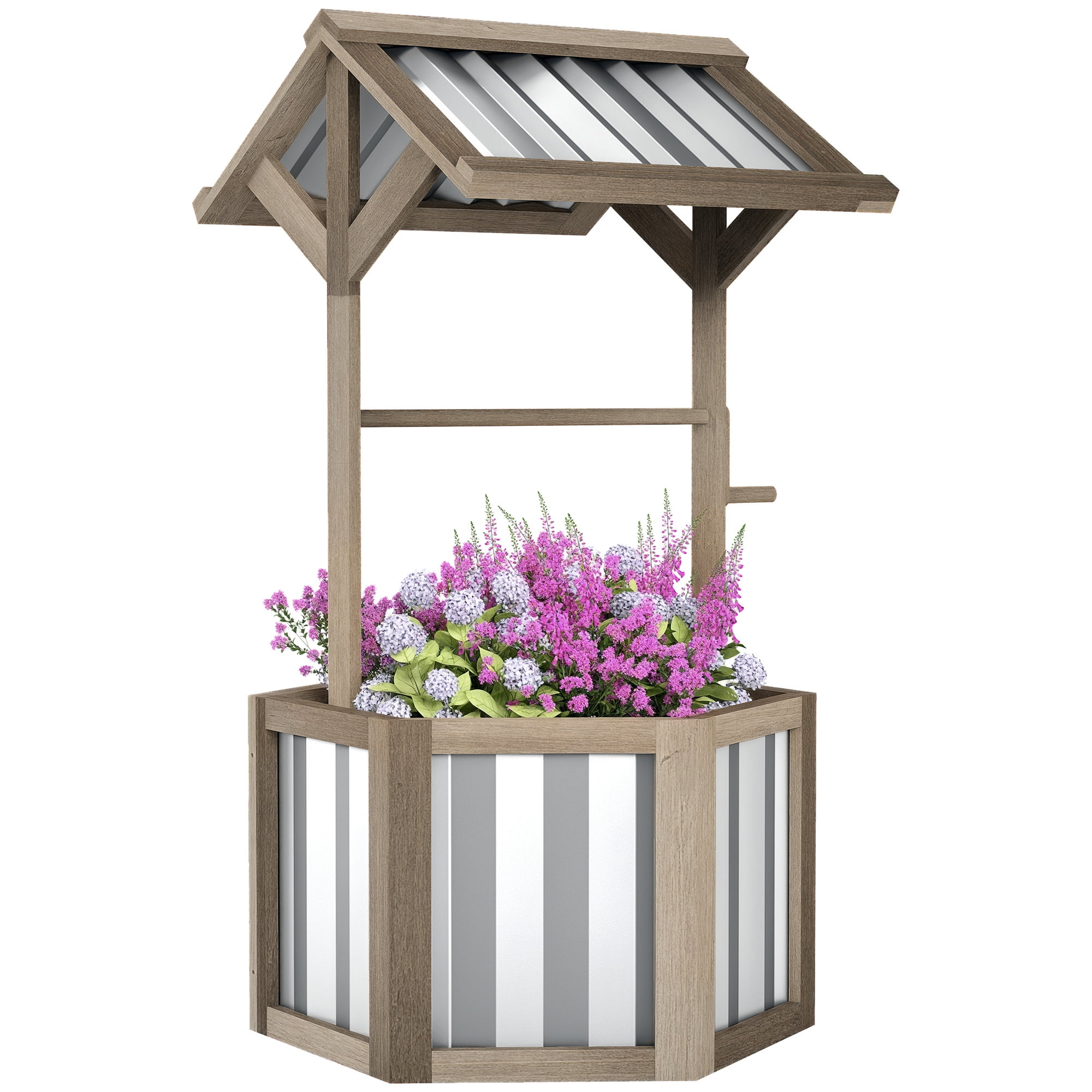 Outsunny Wooden Wishing Well Planter, Hexagon Raised Flower Bed with Galvanized Canopy, Outdoor Garden Box for Flowers and Vegetables, Light Gray