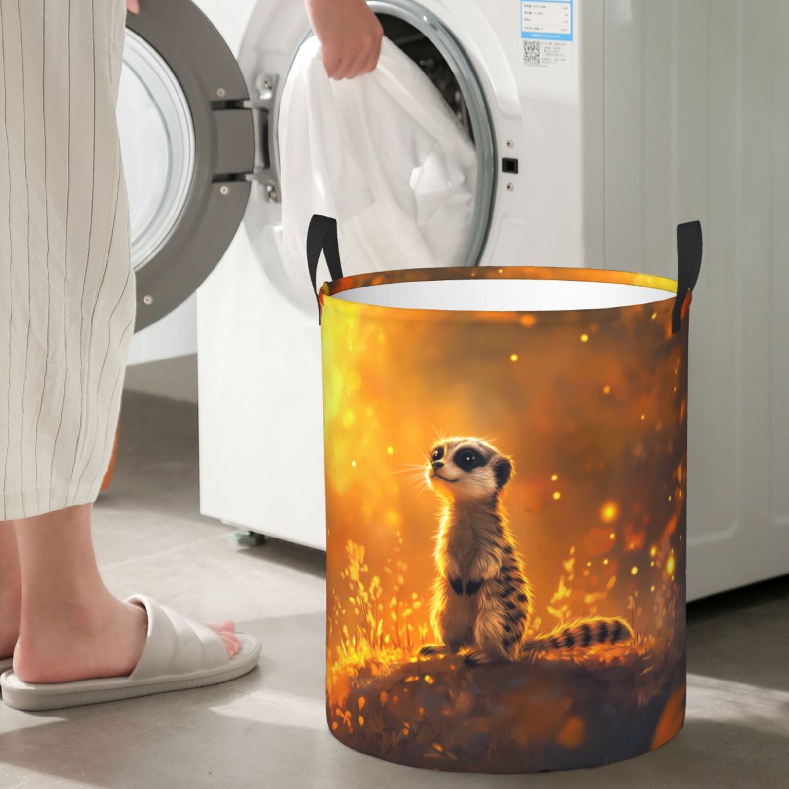 Large Laundry Basket with Handles - Warm Autumn Maple Leaf Meerkat Kids Baby Dirty Clothes Laundry Hamper for Bedroom Aesthetic