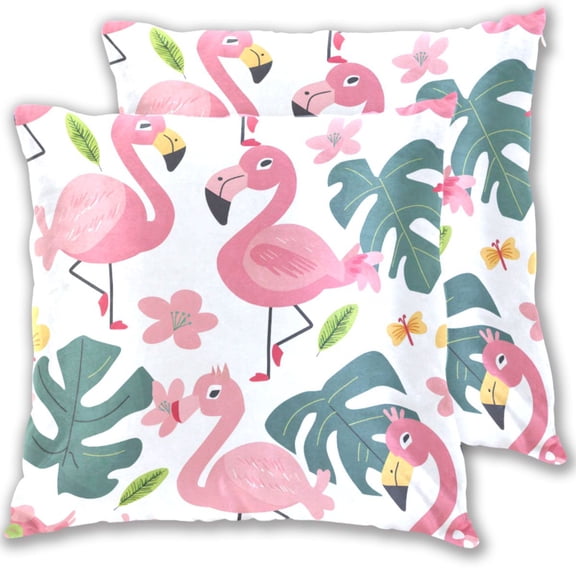 Cartoon Flamingos Flowers Butterflies Leaves Throw Pillow Covers Pillowcases 16 x 16 Inch Home Decor 2 Packs for Bedroom Sofa