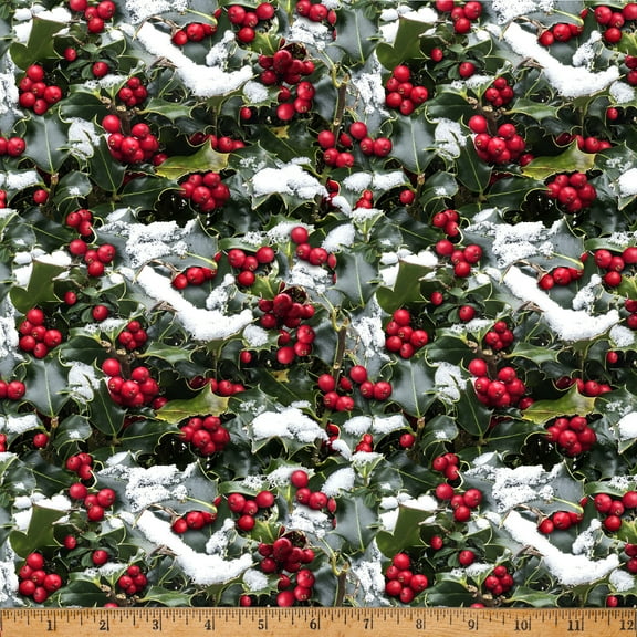 Cotton Frosted Holidays Christmas Red Berries on Snowy Holly Leaves Hoffman California Fabrics Cotton Fabric Print by the Yard (X5563-161-CHRISTMAS)