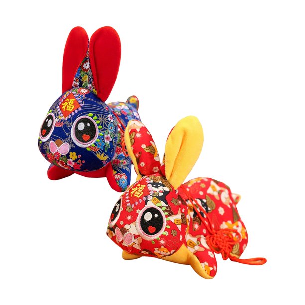 2 Unids Lindo Año Nuevo Chino Conejo de Peluche Juguete Muñeca Favor de Fiesta Figuras Suaves Decoración Animales de Peluche 15cm Azul Negro 20cm Rojo Profundo Perfecl