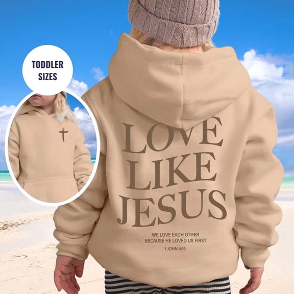 EliteGoogv Girls Hoodies Jesus Love Graphic Back Hoodies For Girls Drawstring Front Pocket Pullover Sweatshirt Casual Relaxed Fit Winter Outerwear Tops Beige 7-8 Years