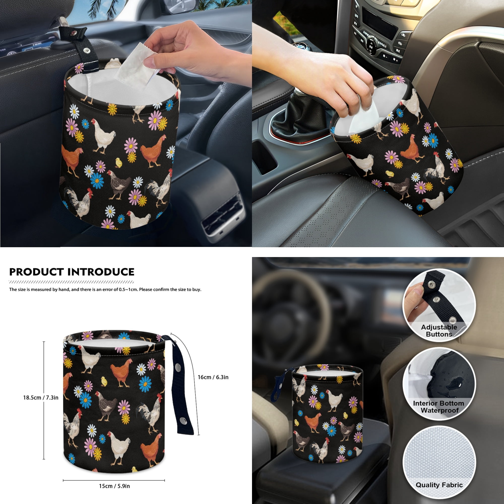 Yuyamidu 14 Pack Chicken Car Seat Covers and Steering Wheel Cover Seat Belt Strap Cover Garbage Bin Hippie Flower Armrest Cover Rearview Mirror Cover Coaster Gear Shift Knob Cover Set Fit SUV Sedan