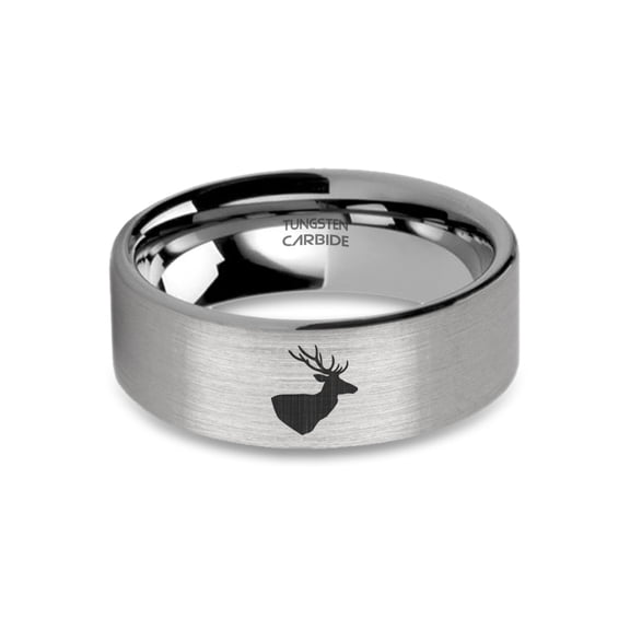 Stag Head with Antlers Laser Engraved Brushed Tungsten Carbide Ring, 8mm, Size 15