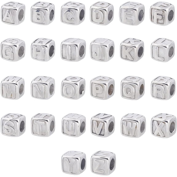26pcs 8mm Cube Bead with Letter A-Z Spacer Beads Stainless Steel European Beads 4mm Large Hole Metal Stopper Beads for Jewelry Making Colorful