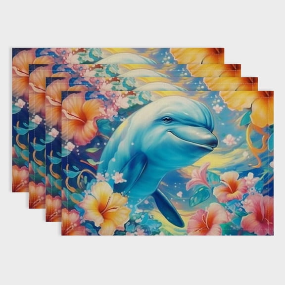 SHERONV Cute Dolphins Table Place Mats Coastal Ocean Waves Placemats Set of 4 Home Decor Sea Animal Placemat for Kitchen Dining Table  Orange Cherry Blossoms Indoor Outdoor Decor Table Mats 18x12in