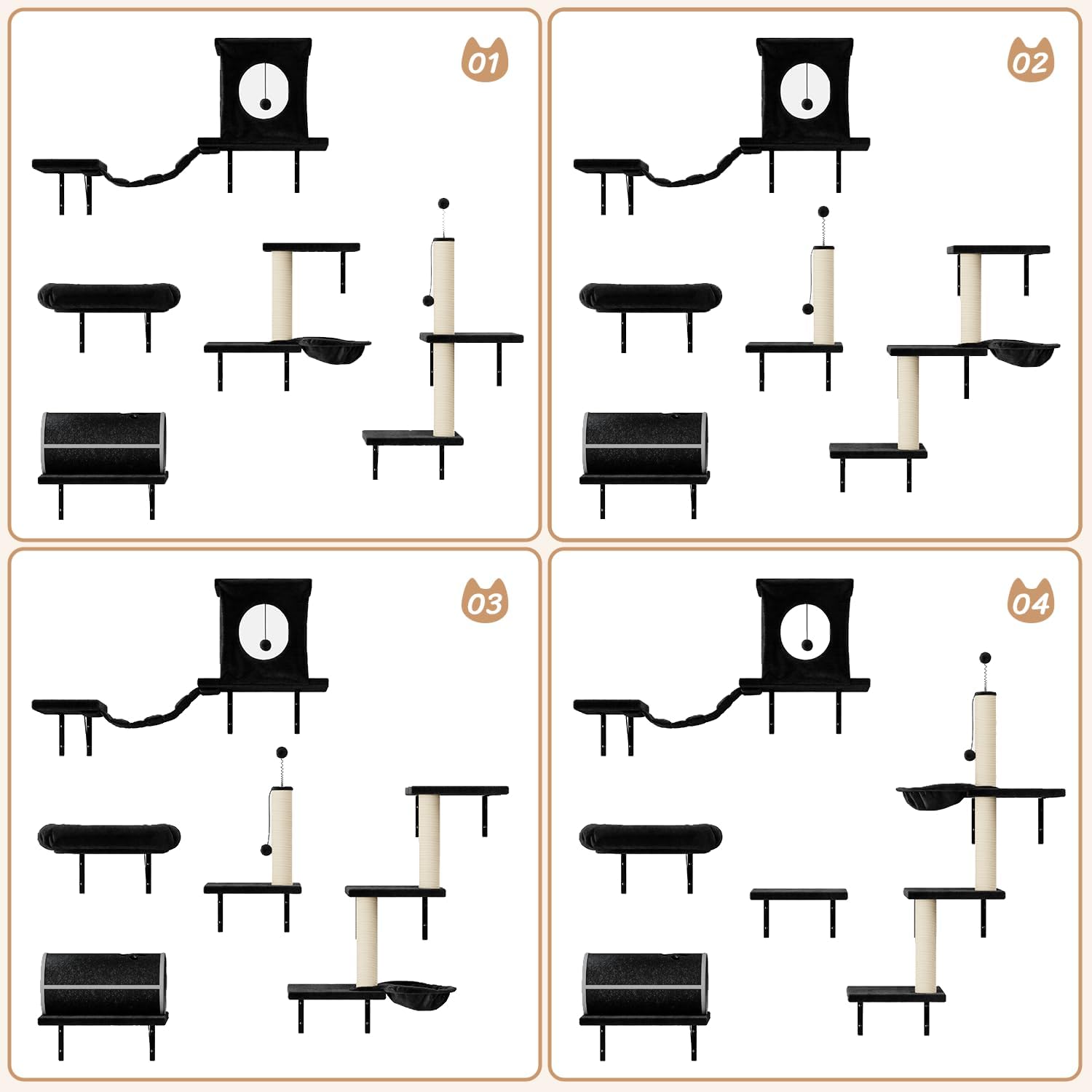 SONGMY 7-in-1 Wall Mounted Cat Climber Set, Cat Furniture Set with House, Bridge, Steps, Scratcher Post, DIY Playground, Cat Wall Shelves - Black