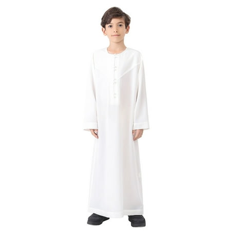 HXWCHs Boys button down shirt Arabic Thobe Kaftan Robe National Embroidered Long Sleeve Crew Neck Traditional Clothing for Teen Boys White 7-8 Years