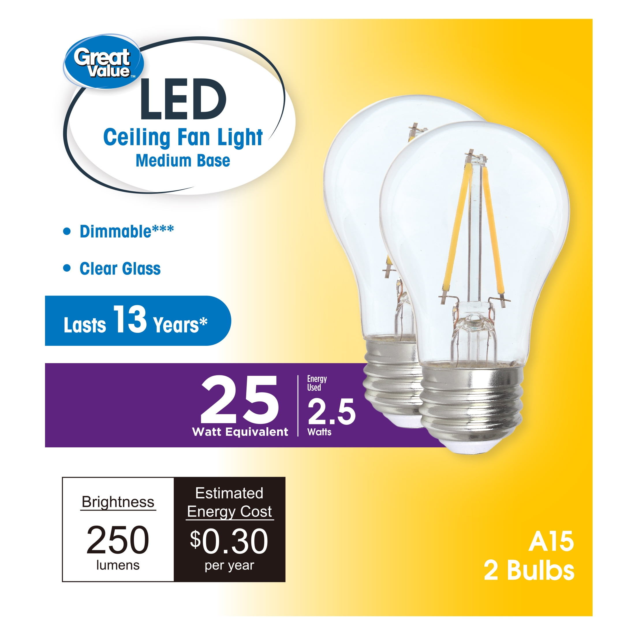 (3 pack) Great Value LED Ceiling Fan Bulb 2.5W (25W Equivalent) Soft White A15 with E26 Base Dimmable, 2PK
