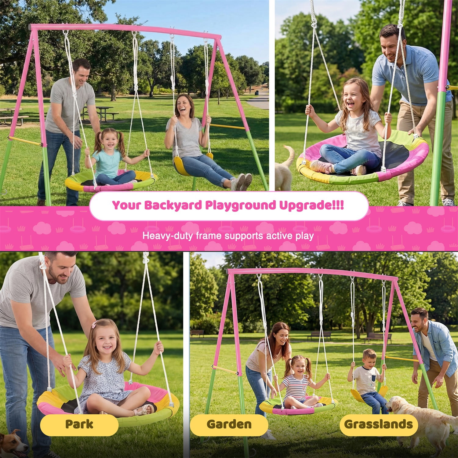 Hommoo 2 Pcs Swing Set with Saucer Swing Seat & Belt Swings Seat, Swing Set with Heavy-Duty A-Frame Metal Outdoor Swing Stand, for Backyard, Pink