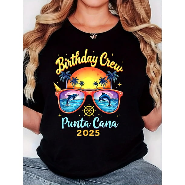 Camiseta para mujer Suave de veranoWomen'S T-Shirt, "Sunset Glasses Dolphin 2025" Print, Retro Minimalist Fashion, Round Neck, Casual And Comfortable, Sports Short-Sleeved T-ShirtFather's Day, Mothe