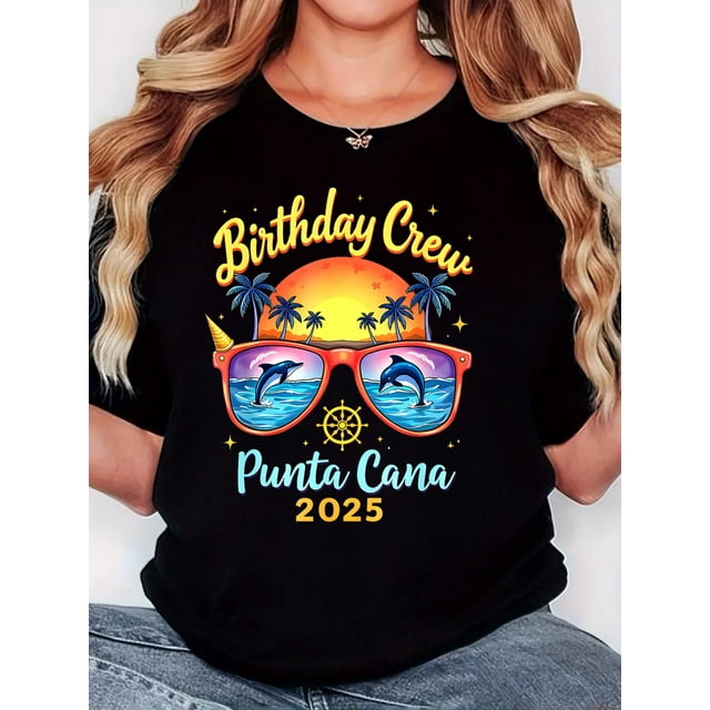 Camiseta para mujer Suave de veranoWomen'S T-Shirt, "Sunset Glasses Dolphin 2025" Print, Retro Minimalist Fashion, Round Neck, Casual And Comfortable, Sports Short-Sleeved T-ShirtFather's Day, Mothe
