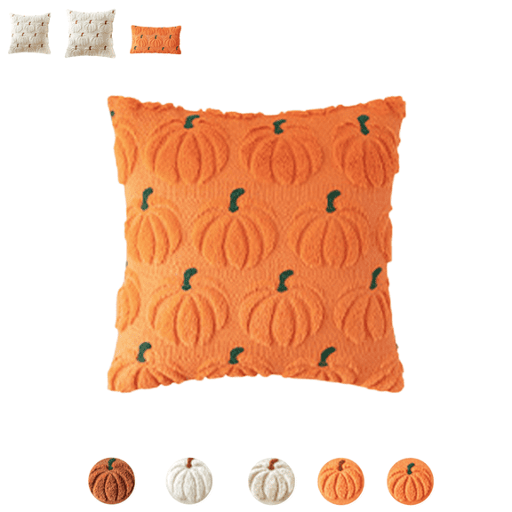 1 Pc Halloween Fall Pumpkin Decorative Pillow Covers Embroidred Pillowcase for Outdoor Sofa Couch Bed Plush Faux Fur Home Decor, Orange, L