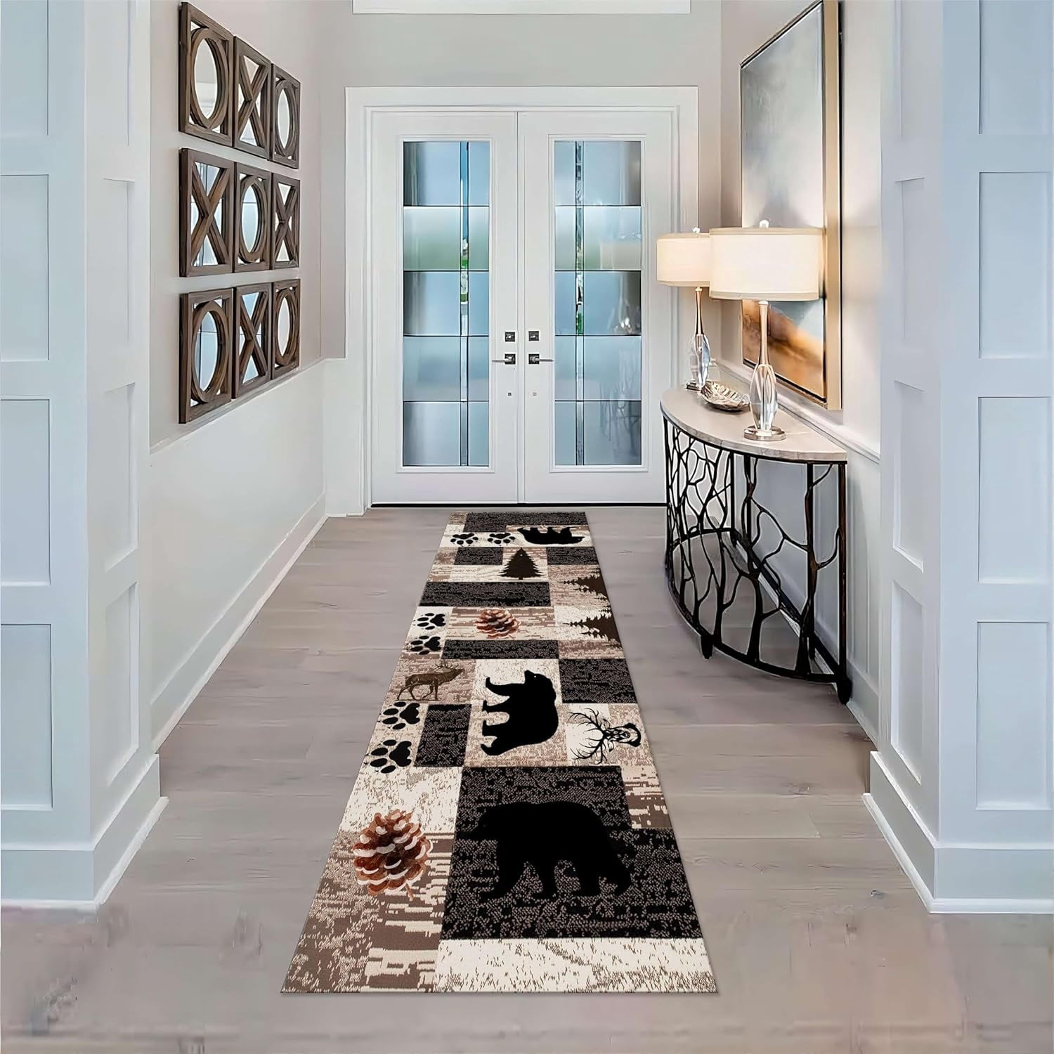 Rustic Lodge Runner Rug,2x7ft,Western Country Bear Elk Deer Wildlife Log Design,Forest Landscape Hunting Theme Rug,with Non Slip Backing Washable Rugs, Non Slip Pet Friendly Rug for Hallway