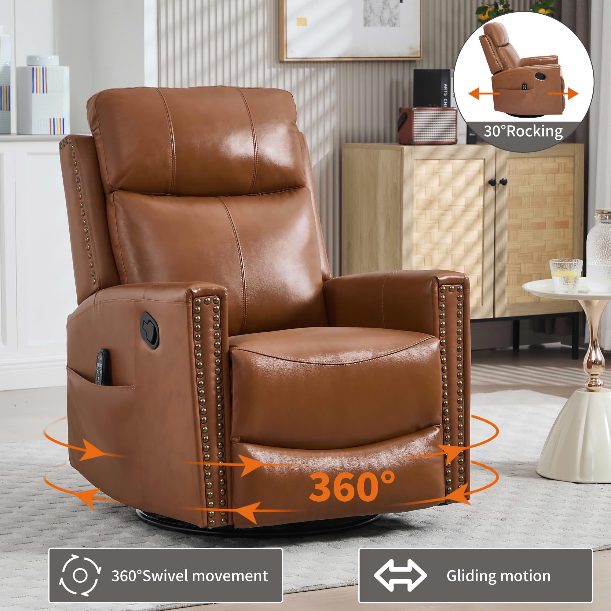 MAYEERTY Deep Yellow Genuine Leather Manual Recliner, 360° Swivel Rocker Heat Massage 31"x38"x42" for Living Room