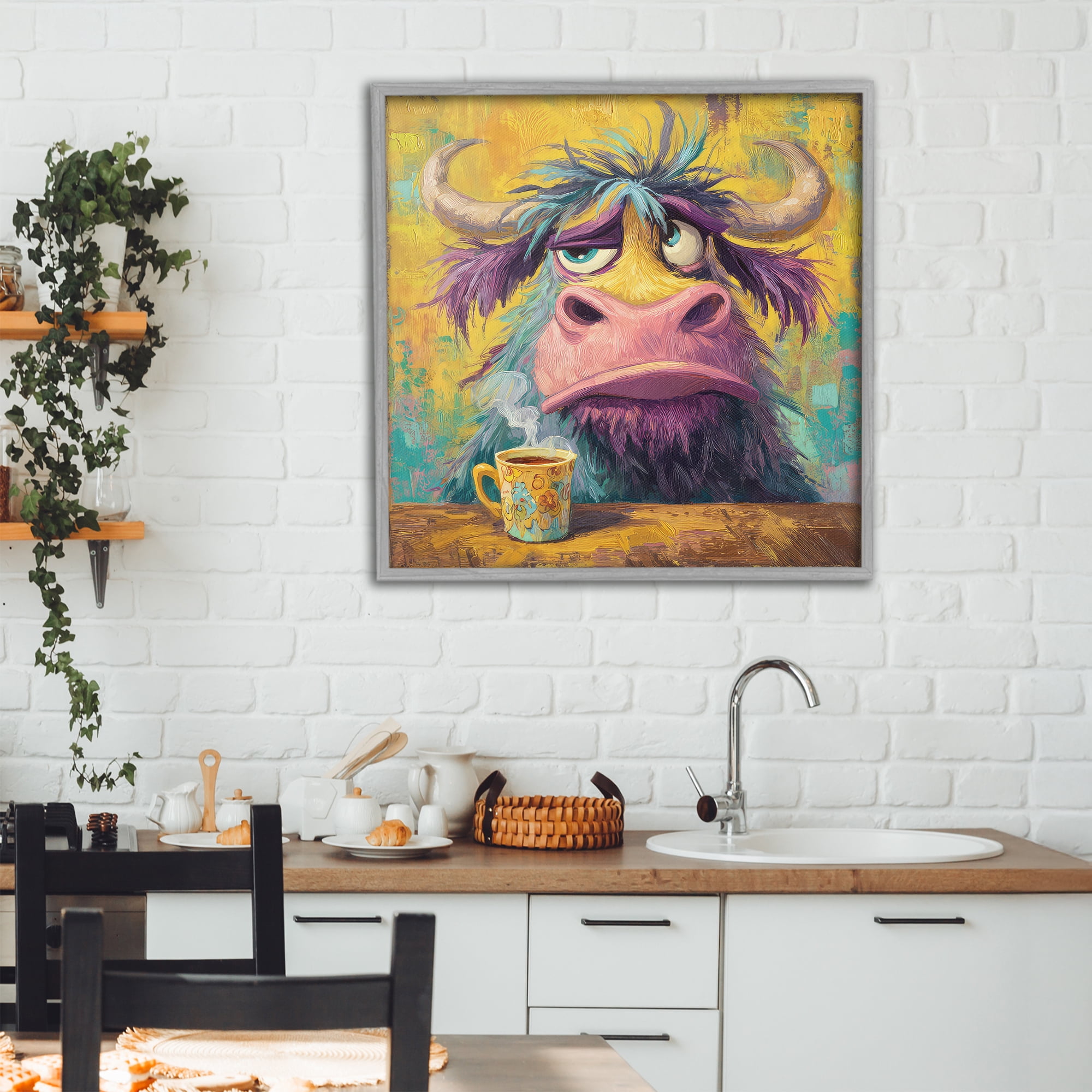 Stupell Industries Grumpy Cow & Mug Gray Framed Giclee Art, design by The Wands Want