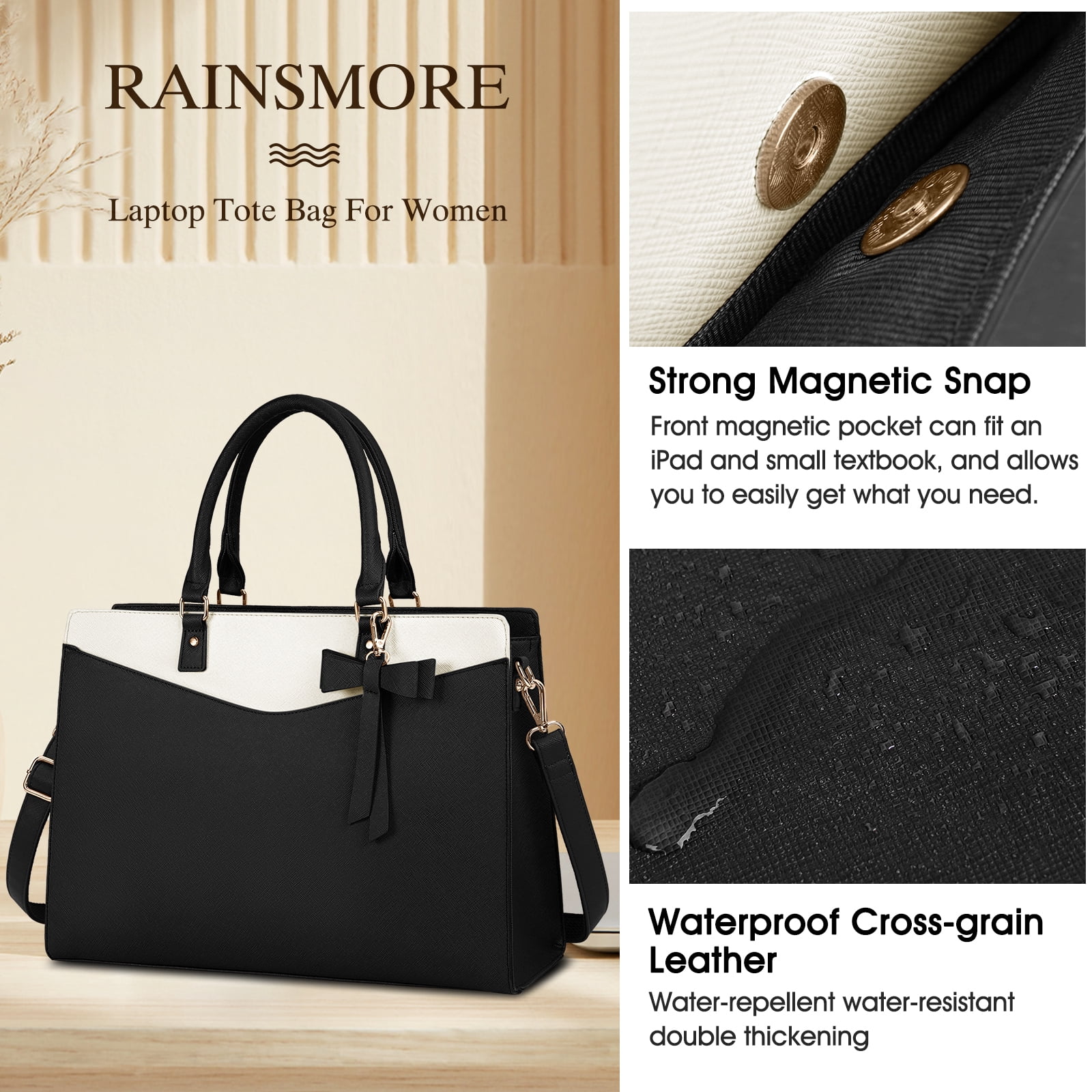 RAINSMORE Laptop Bag for Women 15.6 Inch PU Tote Bag Lightweight Business Office Handbag Work Bag Waterproof Shoulder Briefcase