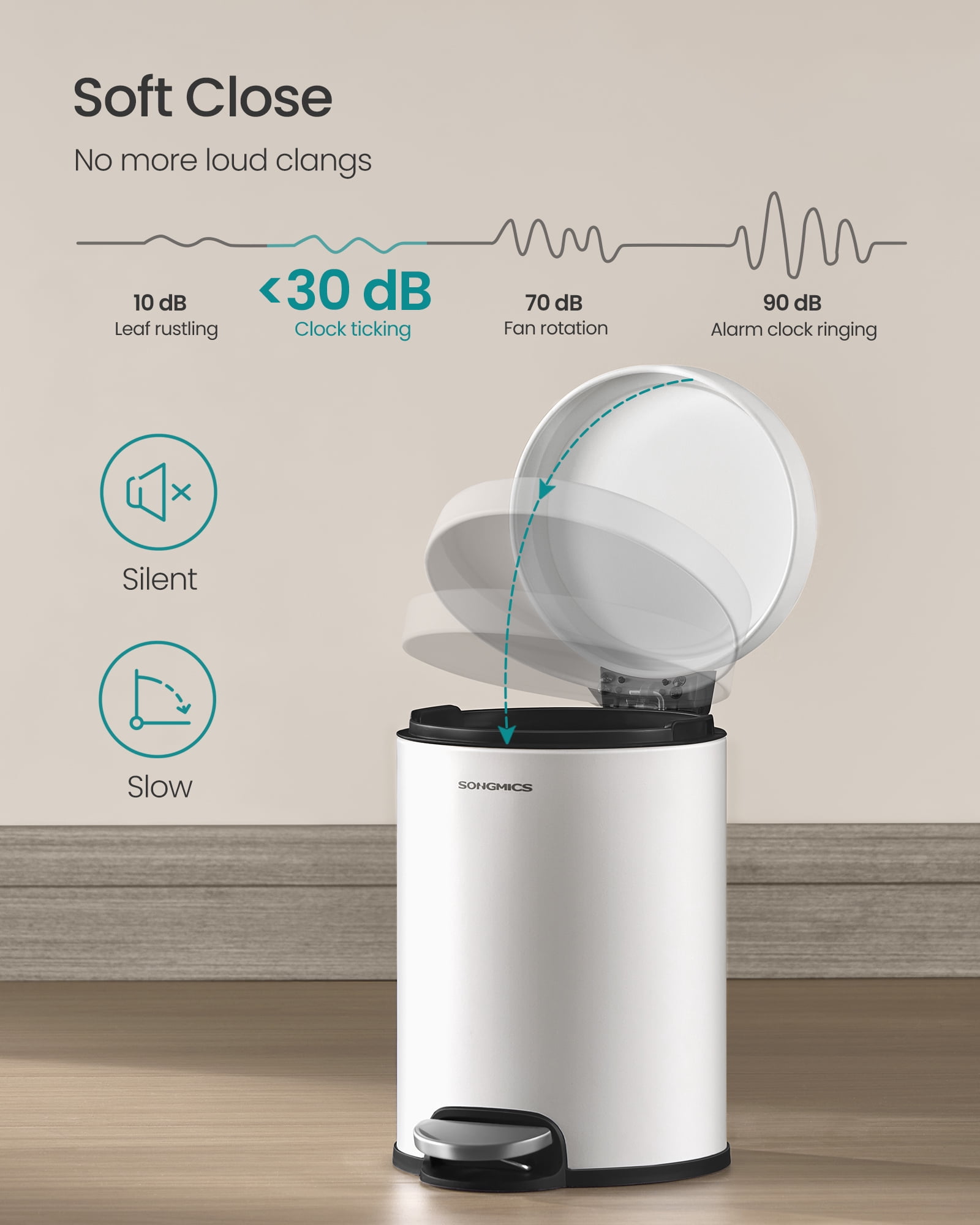 SONGMICS Bathroom Trash Can, 1.6 Gallon (6 L) Small Toilet Garbage Bin with Lid, Soft-Close, Stainless Steel, Pedal, Inner Bucket, Bedroom, Cloud White