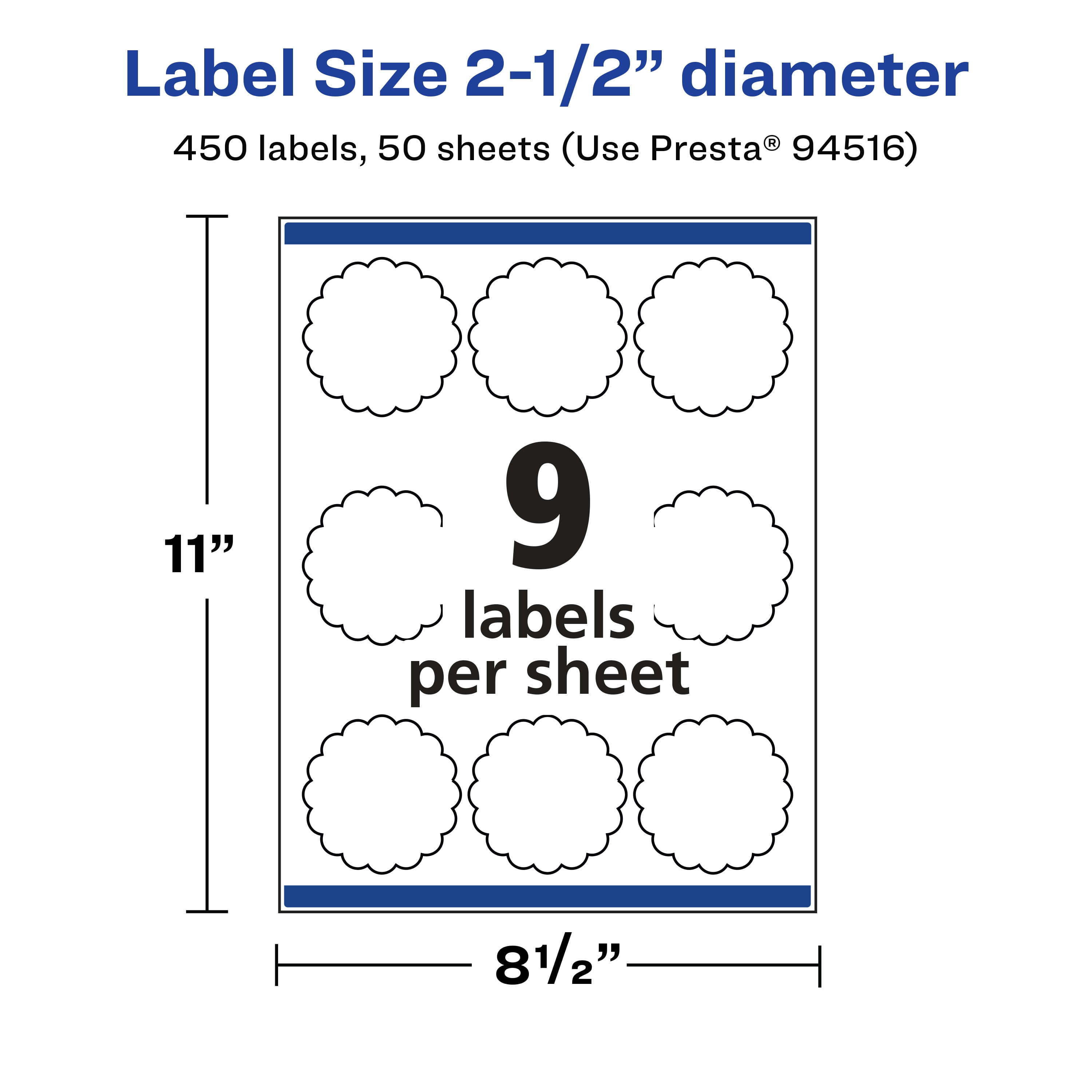Avery White Round Scalloped Labels, 2.5" Diameter, 450 Labels