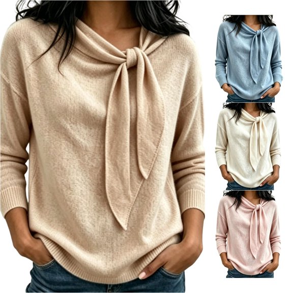HCYSFG Womens Oversized Bow Tie Sweater Cowl Neck Long Sleeve Relaxed Fit Solid Color Fall Pullover Casual Everyday Wear Knit Tops