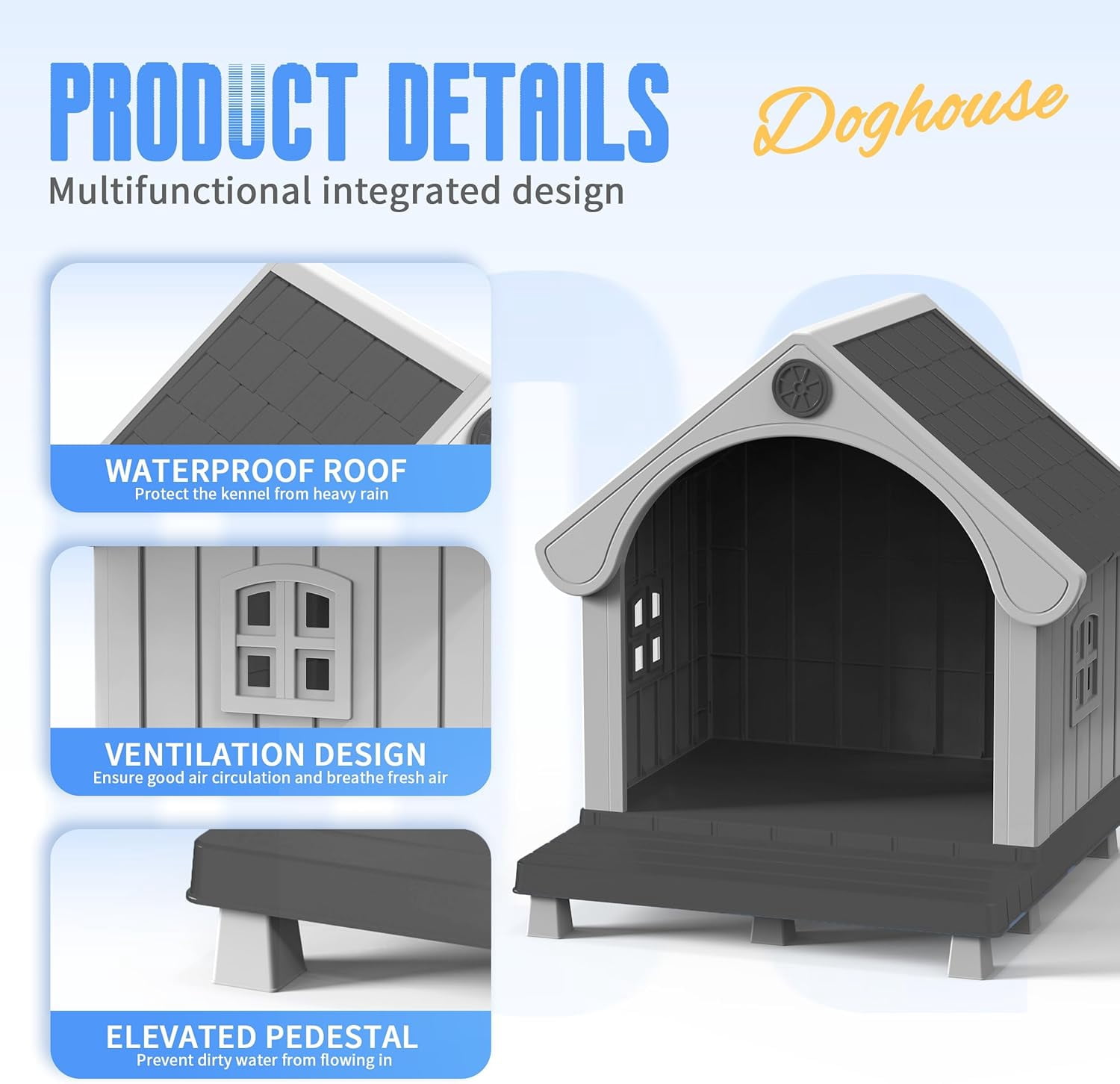 ZUCONKITCH Indoor/Outdoor Elevated Dog House with Porch, Weather-Resistant Pet Shelter with Sloped Roof & Ventilation, Durable Dog Kennel for Medium to Large Dogs