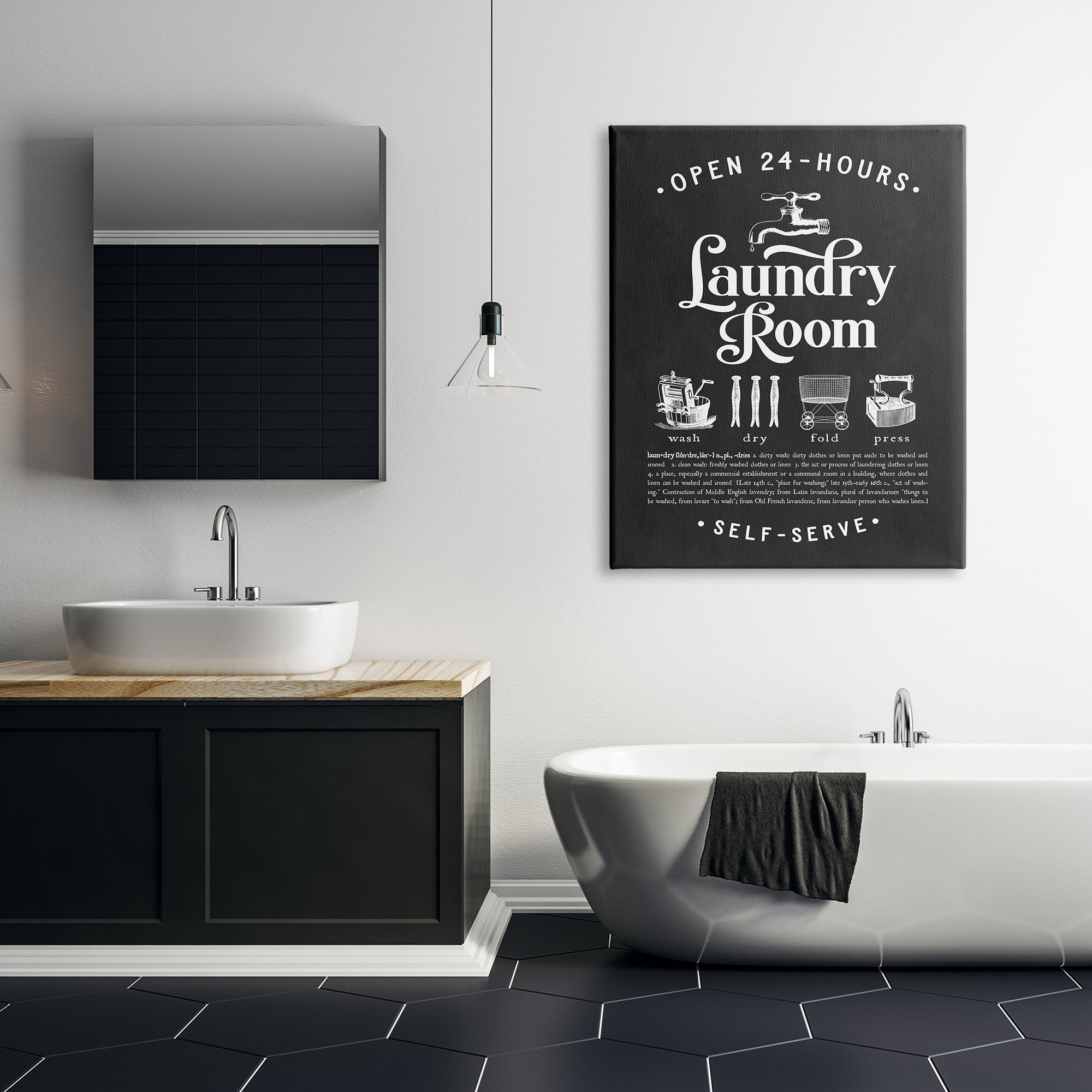 Stupell Industries 24 Hour Laundry Sign Vintage Icon Illustrations Black White Country Painting Gallery-Wrapped Canvas Print Wall Art, 36 x 48, Design by Lettered and Lined