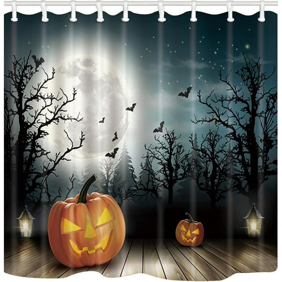 Halloween Shower Curtain, Horror Black Spooky Forest and Bat Pumpkin Moon, 72 x 72 Inches Polyester Fabric Bathroom Decor Set with 12 Hooks