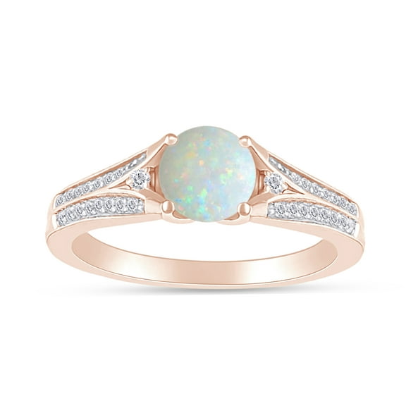 14k Rose Gold Over Sterling Silver Round Cut Lab Created Opal & Simulated White Sapphire Split Shank Engagement Ring For Women Ring Size-5