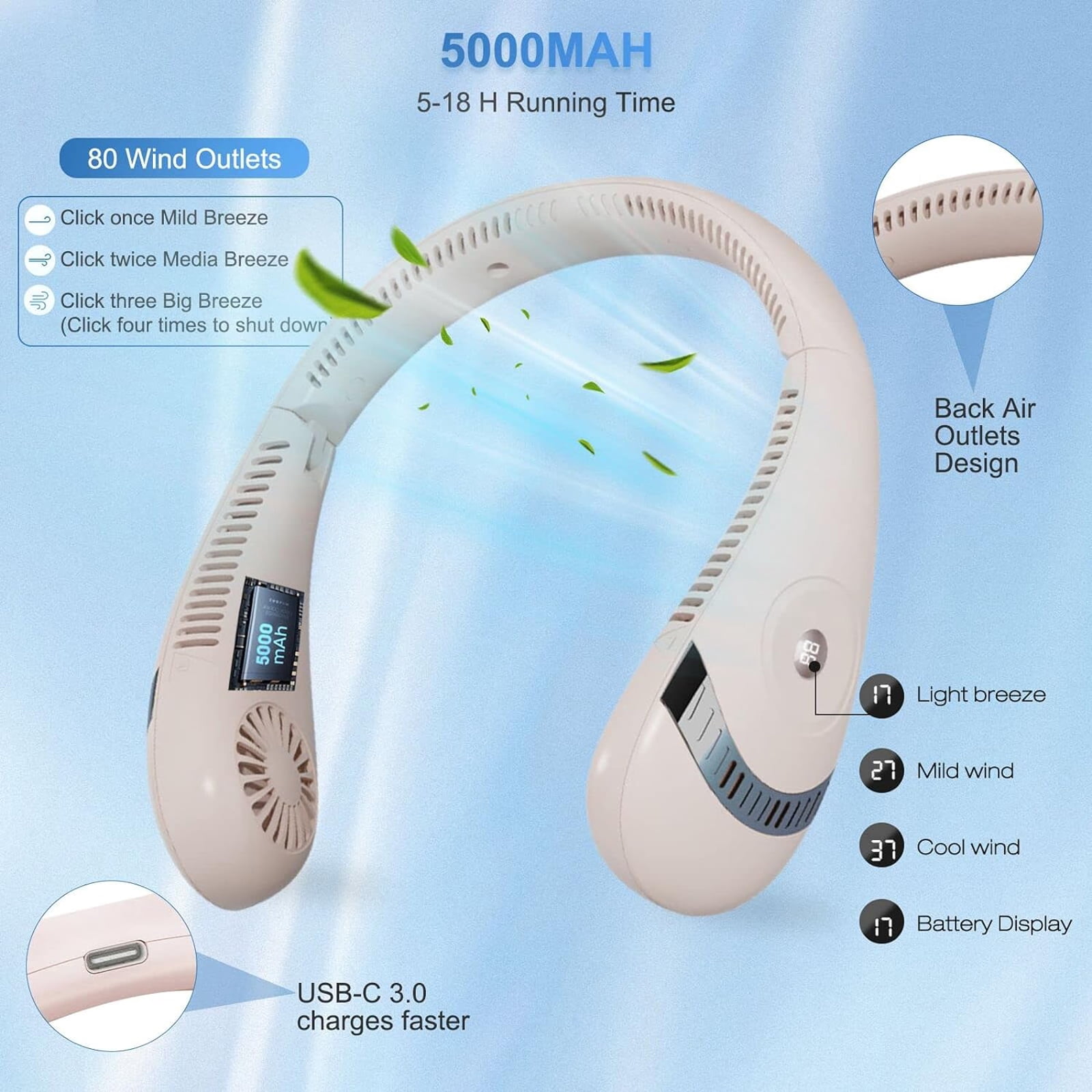 MQ 3-Speed Rechargeable Bladeless Electric Neck Fan
