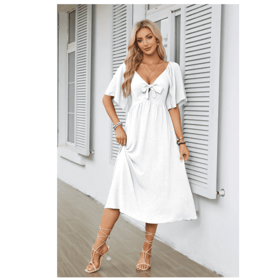 Summer Dress for Women Casual Short Sleeve Bow Tie V Neck Ruffle Midi Flowy Dresses