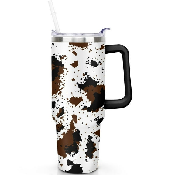 40 oz Cow Print Tumbler Handle Flip Straw Lid Travel 40oz Cow Print Tumblers Lids Straws Leak Proof Vacuum Insulated Stainless Steel Cup Mug Gifts for Men Women Travel Must Haves
