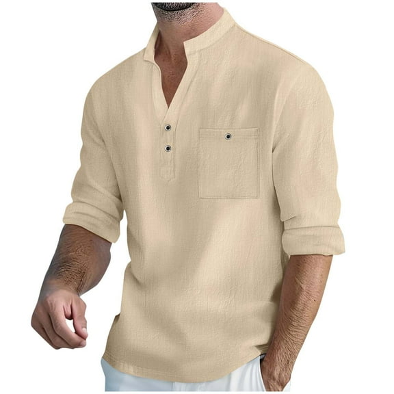 VSSSJ Men's Cotton Linen Henley Shirt Relaxed Fit Button Long Sleeve Hippie Shirt Stand Collar Pocket Casual Vacation Beach T-Shirts Khaki M