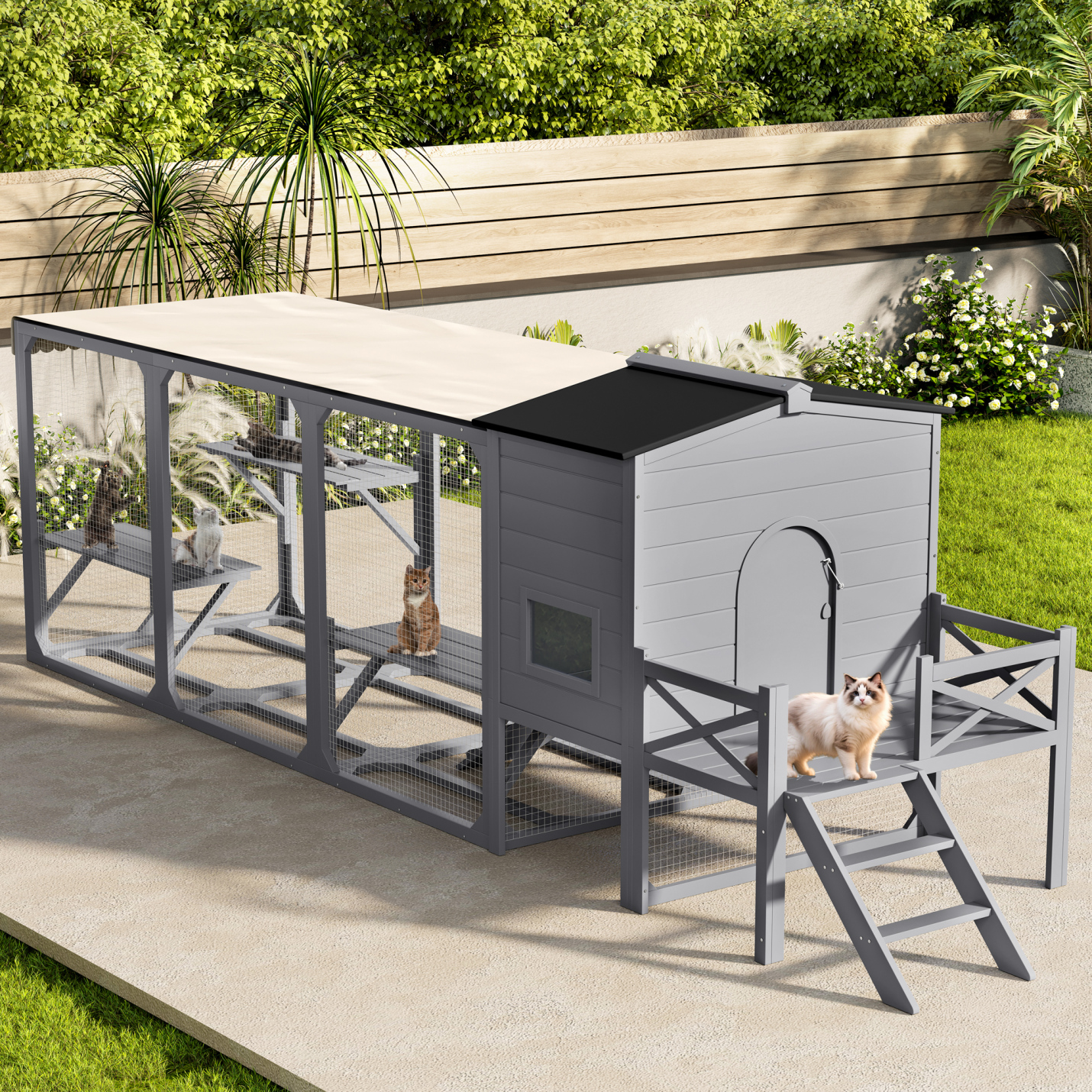Outdoor Cat Enclosure with Play Platforms and Swing, Large Wooden Catio for Multiple Cats, Removable Waterproof Cover, UV Resistant, 2-Section Design, Gray