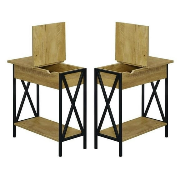 Home Square Top End Table with Charging Station in Light Oak - Set of 2