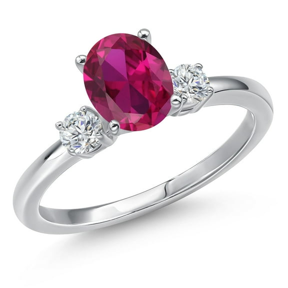 Gem Stone King 14K White Gold Red Created Ruby and White Lab Grown Diamond Engagement Ring for Women | 1.55 Cttw | Oval 8X6MM | Gemstone July Birthstone | Size 5