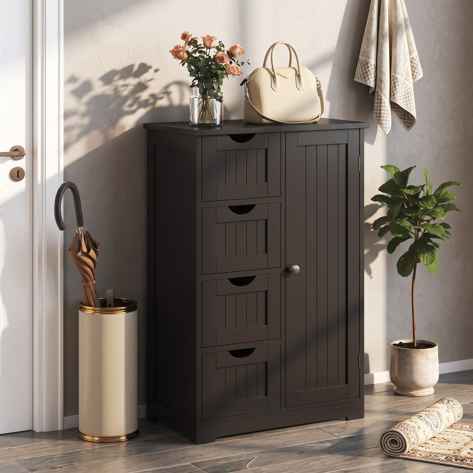 Fenbeli 4-Drawer Wooden Storage Cabinet with Side Door, Freestanding Bathroom Floor Organizer Chest for Living Room Bedroom Hallway, Modern Nightstand with, Black