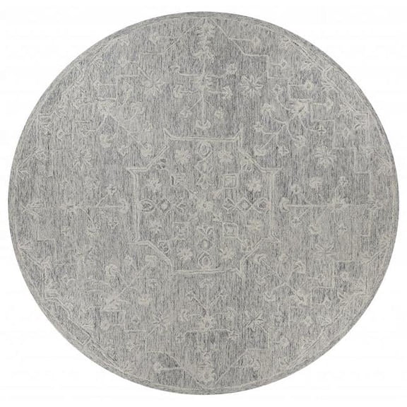 HomeRoots  8 ft. Round Gray Floral Finesse Area Rug - Gray - 8'