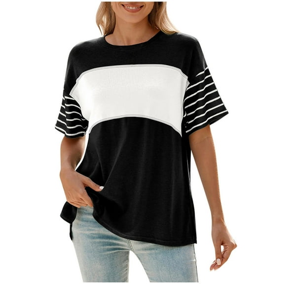 Womens T Shirt Casual Striped Color Block Knit Comfortable Blouses Summer Cotton Shirts Top Short Sleeve Crew Neck Basic Tee Tops