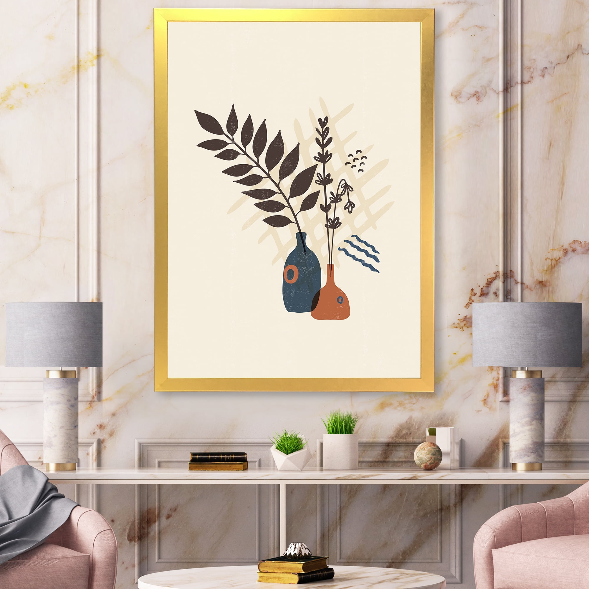 Designart 'Ancient Boho Art Minimalistic Flowers I' Modern Framed Art Print