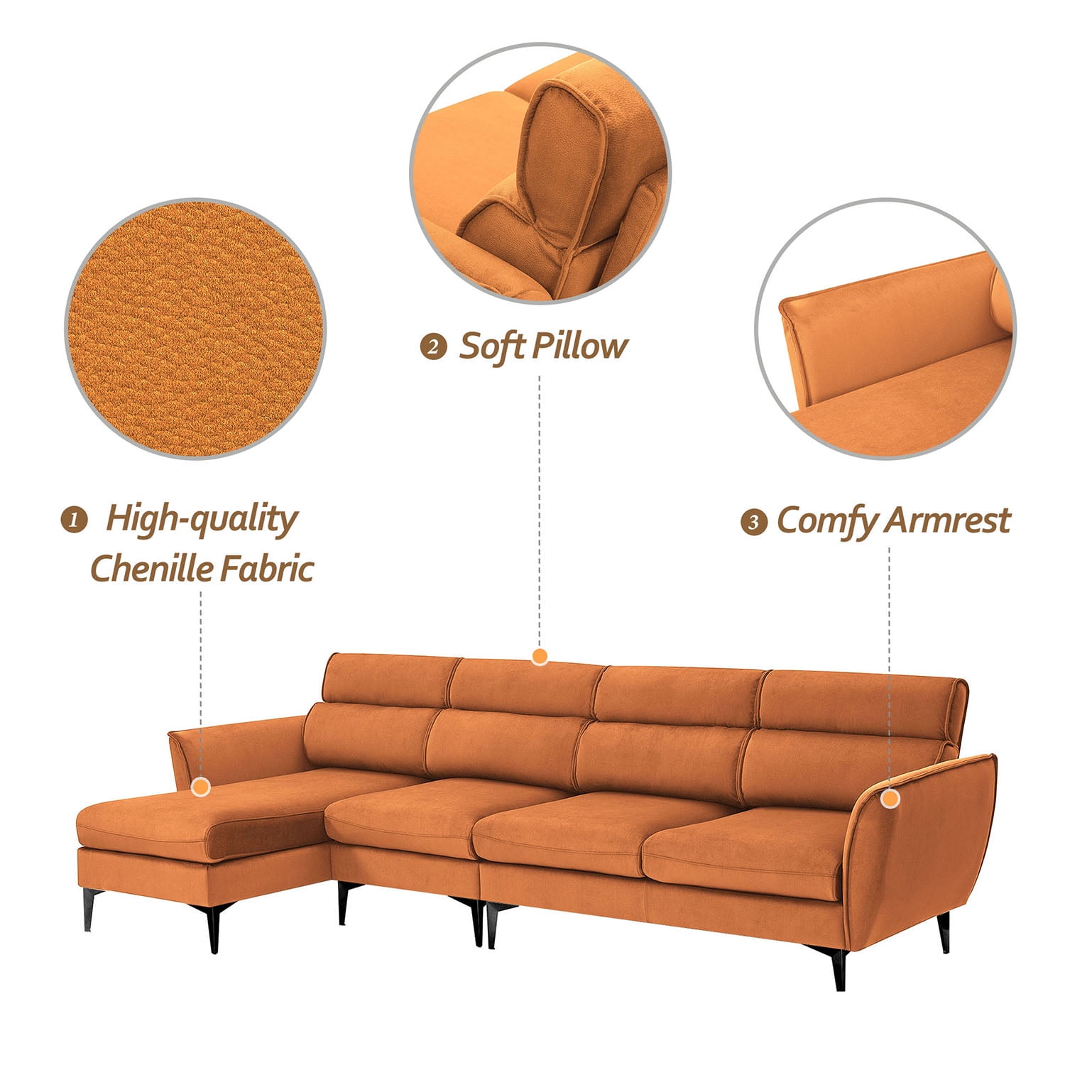Kadyn 111 " Convertible Sectional Sofa Couch, Flannel L Shape Furniture Couch with Chaise Left/Right Handed Chaise, Modern Fabric Sofa for Apartment, Orange Kadyn 111 " Convertible Sectional Sofa Couch, Flannel L Shape Furniture Couch with Chaise Left/Right Handed Chaise, Modern Fabric Sofa for Apartment, Orange
