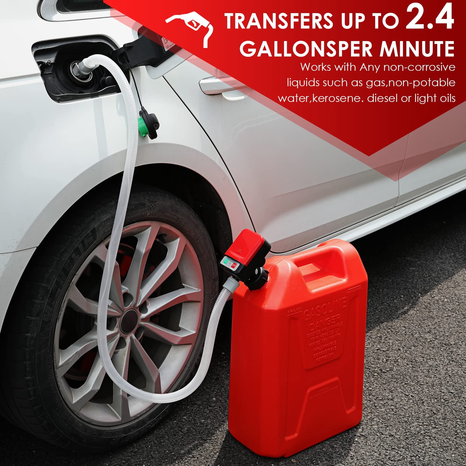 Beiled Automatic Fuel Transfer Pump - AA Battery Powered, Gas Pump with Quick Flow Control & Stop, Extra Long Hose, Portable for Oil, Diesel, Gasoline
