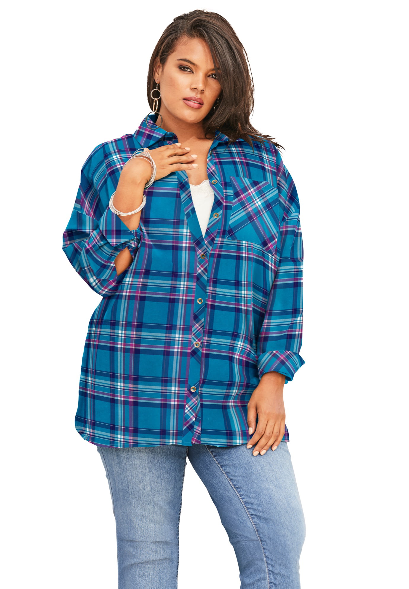 Roaman's - Roaman's Women's Plus Size Flannel Tunic Plaid Shirt ...