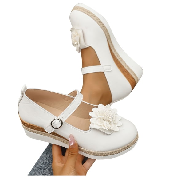 Purcolt Mary Jane Shoes for Women Cozy Cute Flower Round Toe Wedge Shoes with Adjustable Strap Daily Casual Outfits Dress Shoes